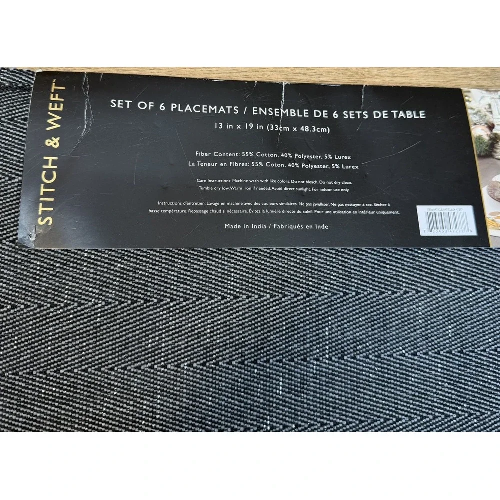 Stitch & Weft Set Of 6 Placemats Charcoal Black Gray Metallic Tencil 13x19 NWT